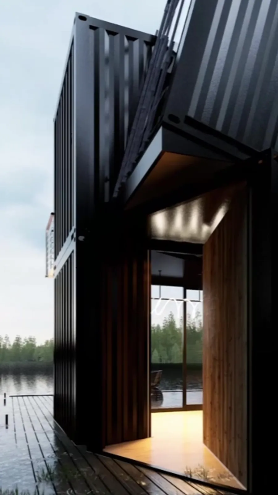 Casa en el lago: acceso con puertas de madera bajo el voladizo, proyecto de Ordoñez Studio