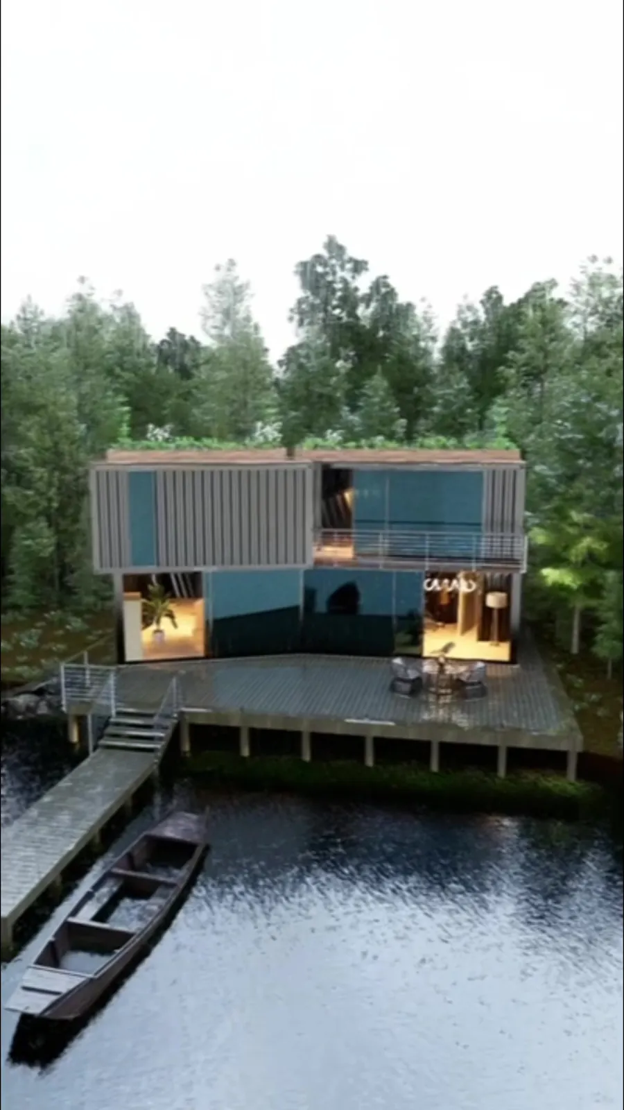 Casa en el lago: vivienda unifamiliar de obra nueva con fachada de chapa y terraza de madera