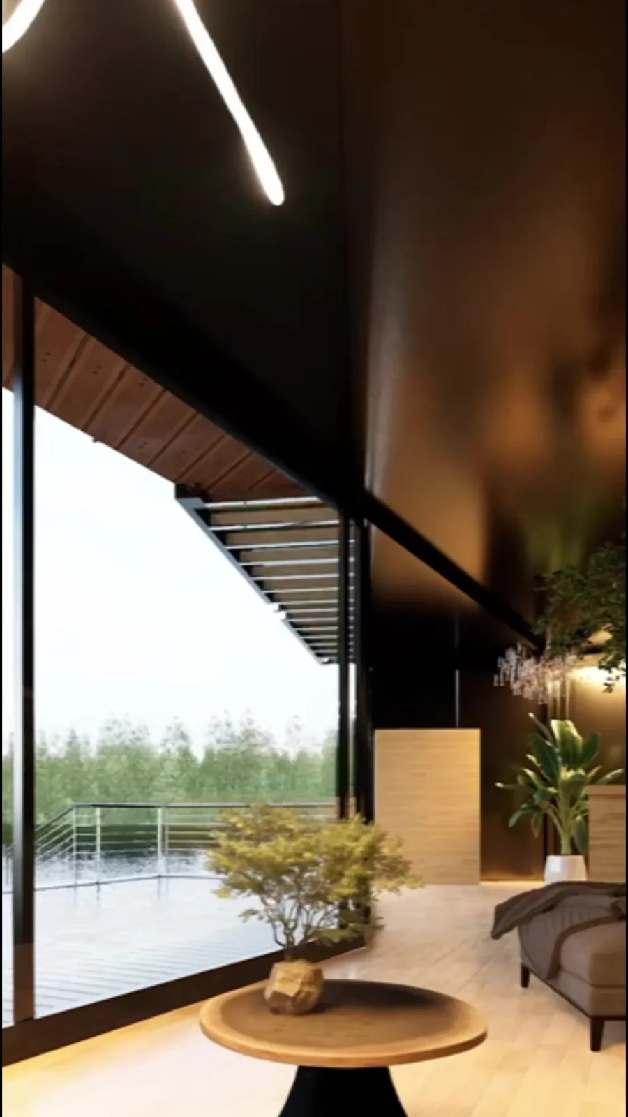 Casa en el lago: interior iluminado con vistas al agua