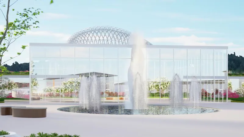 Centro cultural: cúpula de vidrio y fuente en el eje de entrada