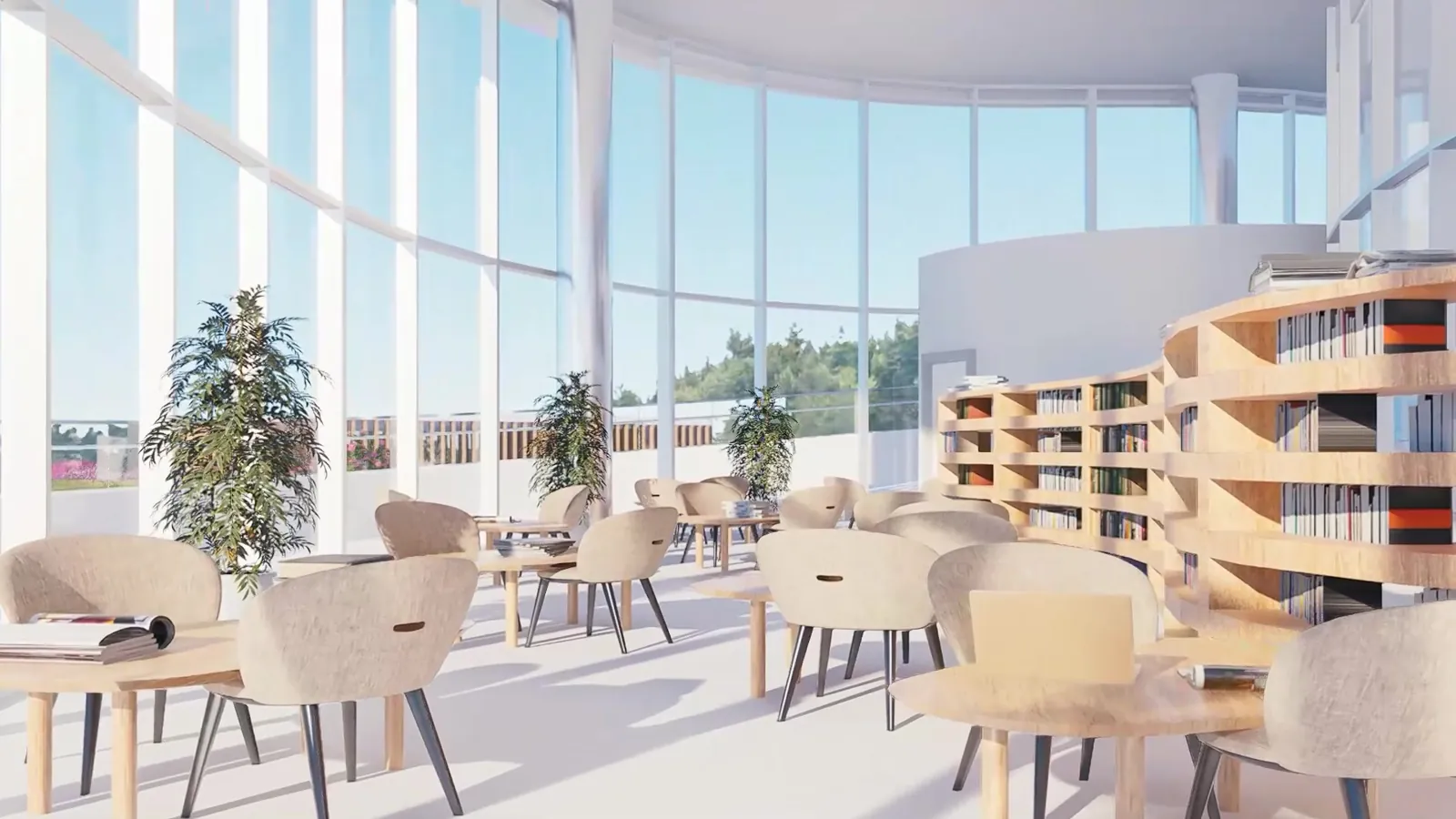 Interior de un espacio público con madera y vidrio, proyecto de Ordoñez Studio