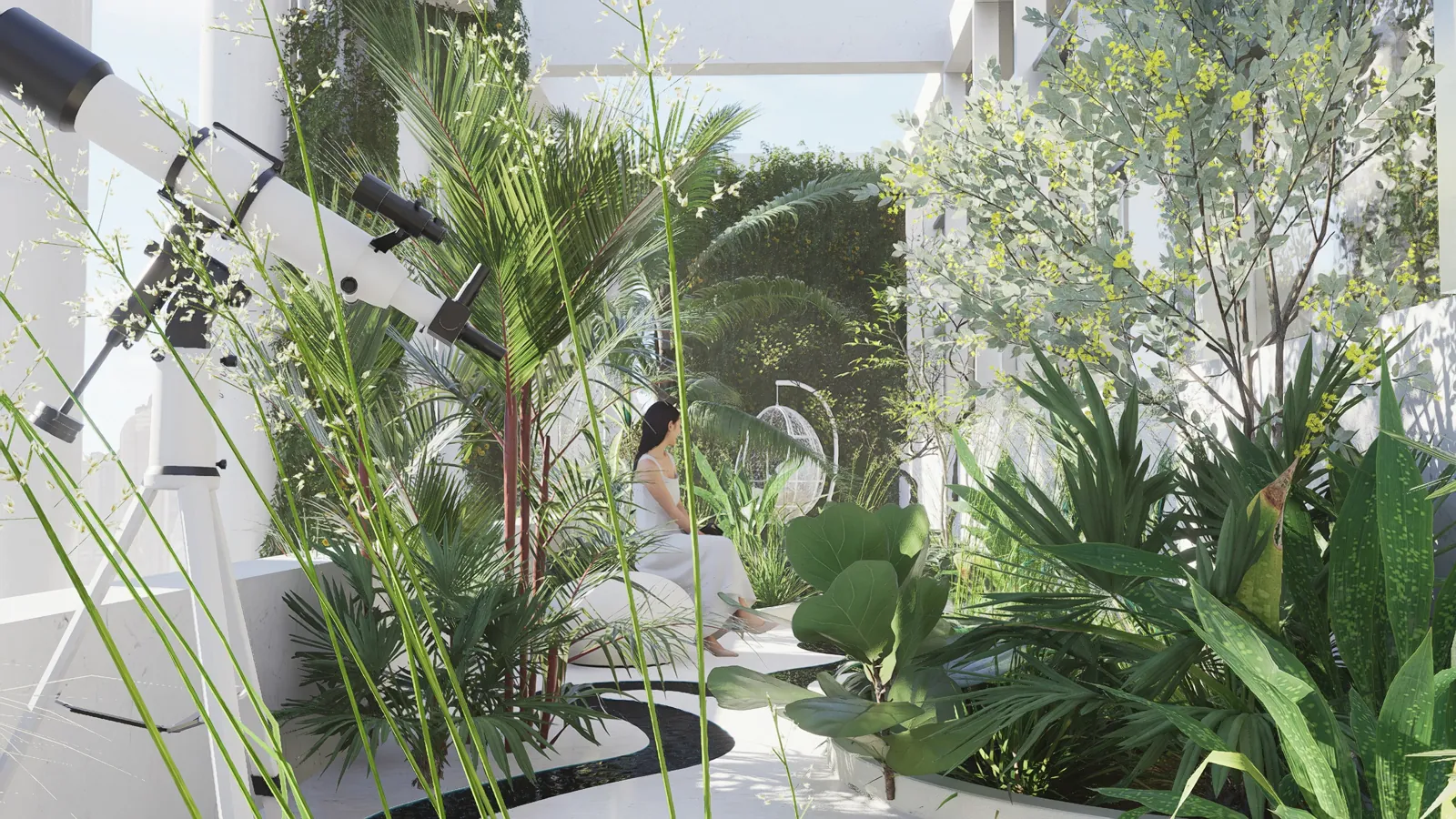 Proyecto de interiorismo: jardín de invierno con jardineras integradas en el pavimento