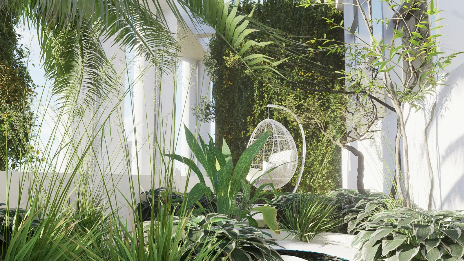 Jardín de invierno con iluminación cálida de noche, proyecto de interiorismo de Ordoñez Studio